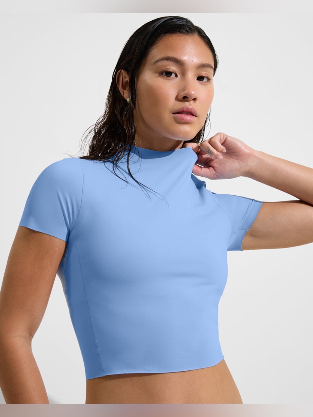 Left On Friday Light Blue Short Sleeve Mock Neck Crop Top PR21-36